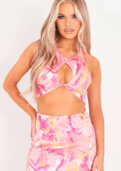 Emilia Pink Print High Neck Cut Out Crop Top^Missy Empire Best