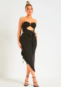 Emilie Black Slinky Lace Up Detail Bandeau Crop Top^Missy Empire Best Sale