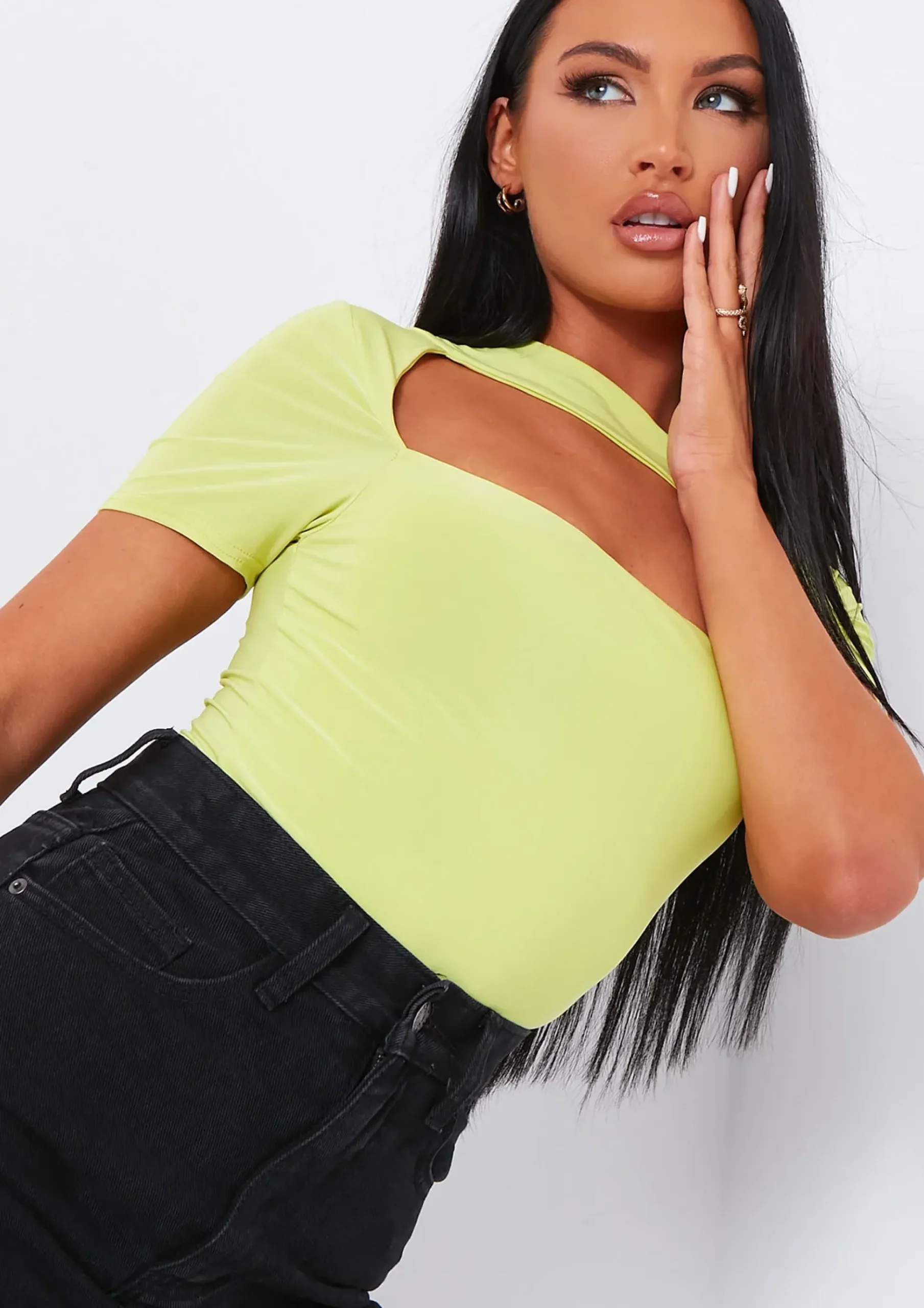 Emi Lime Slinky Cut Out Panel Bodysuit^Missy Empire Store