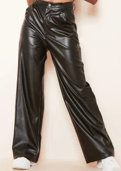 Online Emily Black Pu Wide Leg Trousers Women Trousers