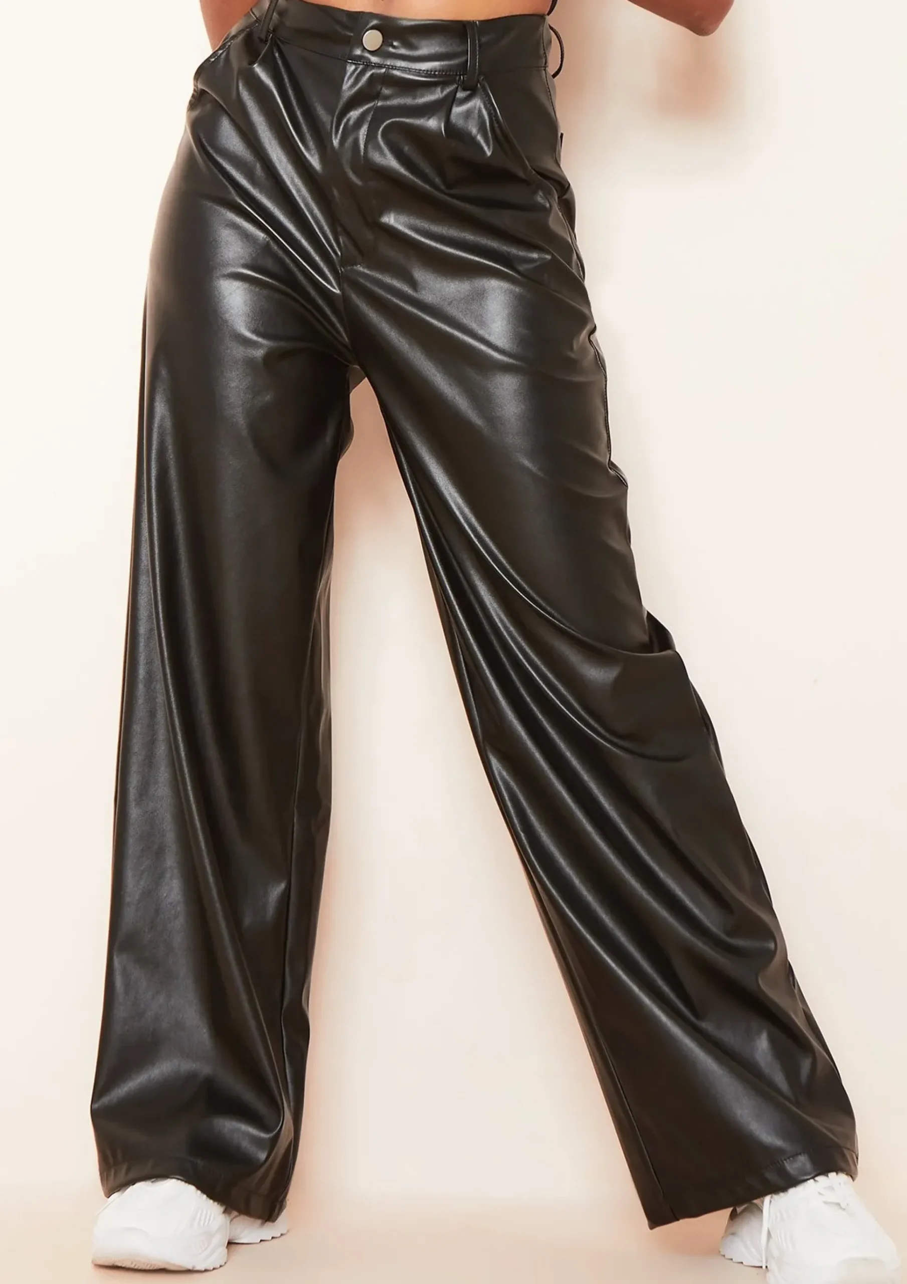 Online Emily Black Pu Wide Leg Trousers Women Trousers