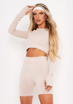 Fashion Emily Mocha Missy Sport Seamless Long Sleeve Crop Gym Top Women Seamless & Shapewear