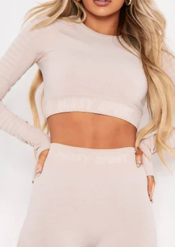 Fashion Emily Mocha Missy Sport Seamless Long Sleeve Crop Gym Top Women Seamless & Shapewear