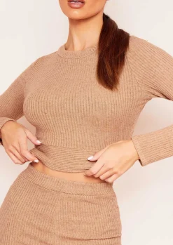 Emma Camel Brushed Rib Wrap Back Tie Waist Crop Top^Missy Empire Sale