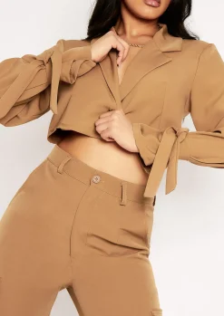Emma Camel Tie Detail Cropped Blazer^Missy Empire Shop