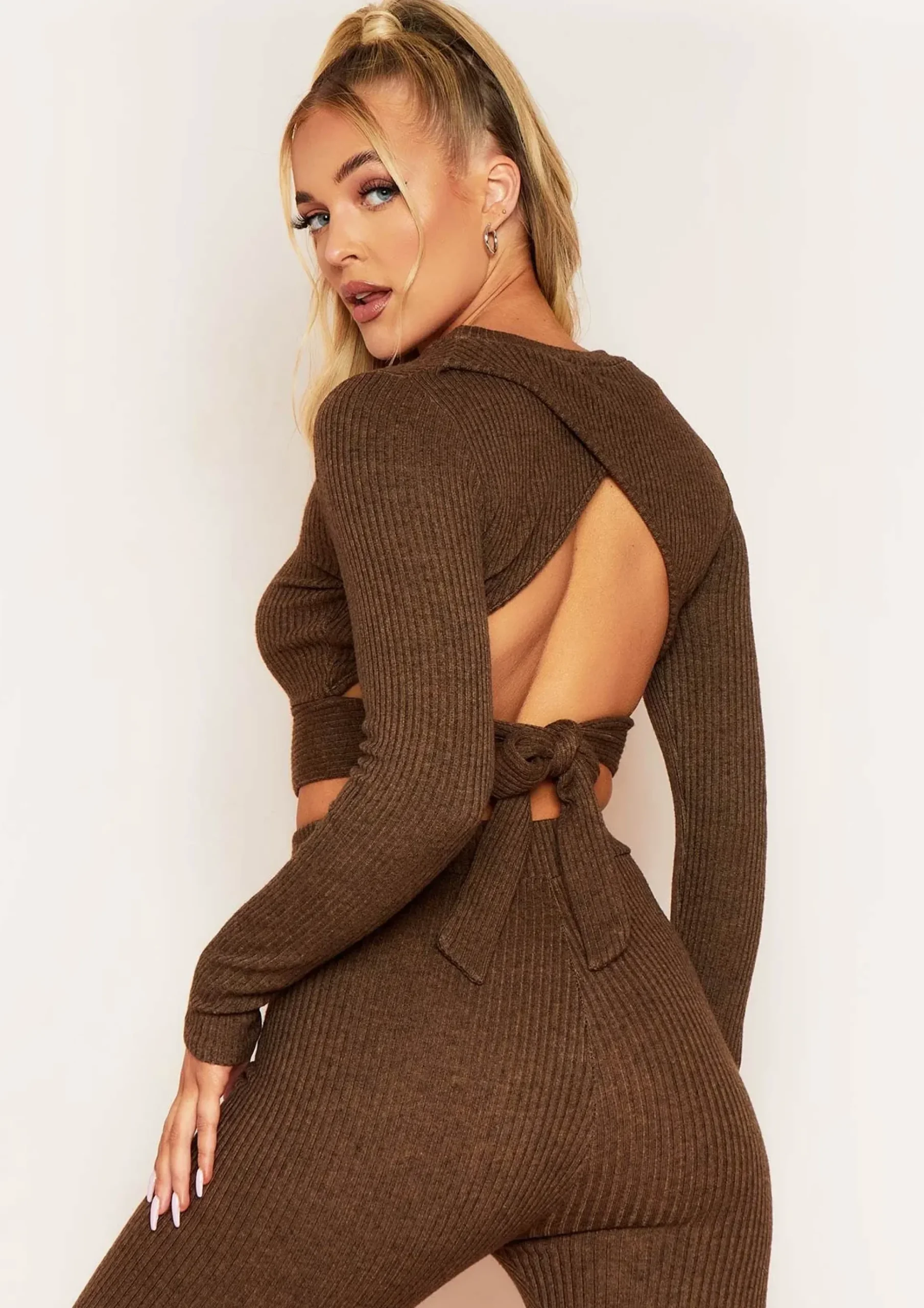 Emma Chocolate Brushed Knit Rib Wrap Back Tie Waist Crop Top^Missy Empire Cheap