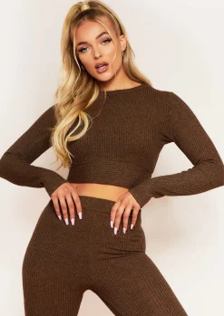 Emma Chocolate Brushed Knit Rib Wrap Back Tie Waist Crop Top^Missy Empire Cheap