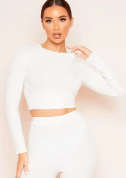 Emma Cream Brushed Rib Wrap Back Tie Waist Crop Top^Missy Empire Flash Sale