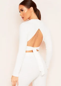 Emma Cream Brushed Rib Wrap Back Tie Waist Crop Top^Missy Empire Flash Sale
