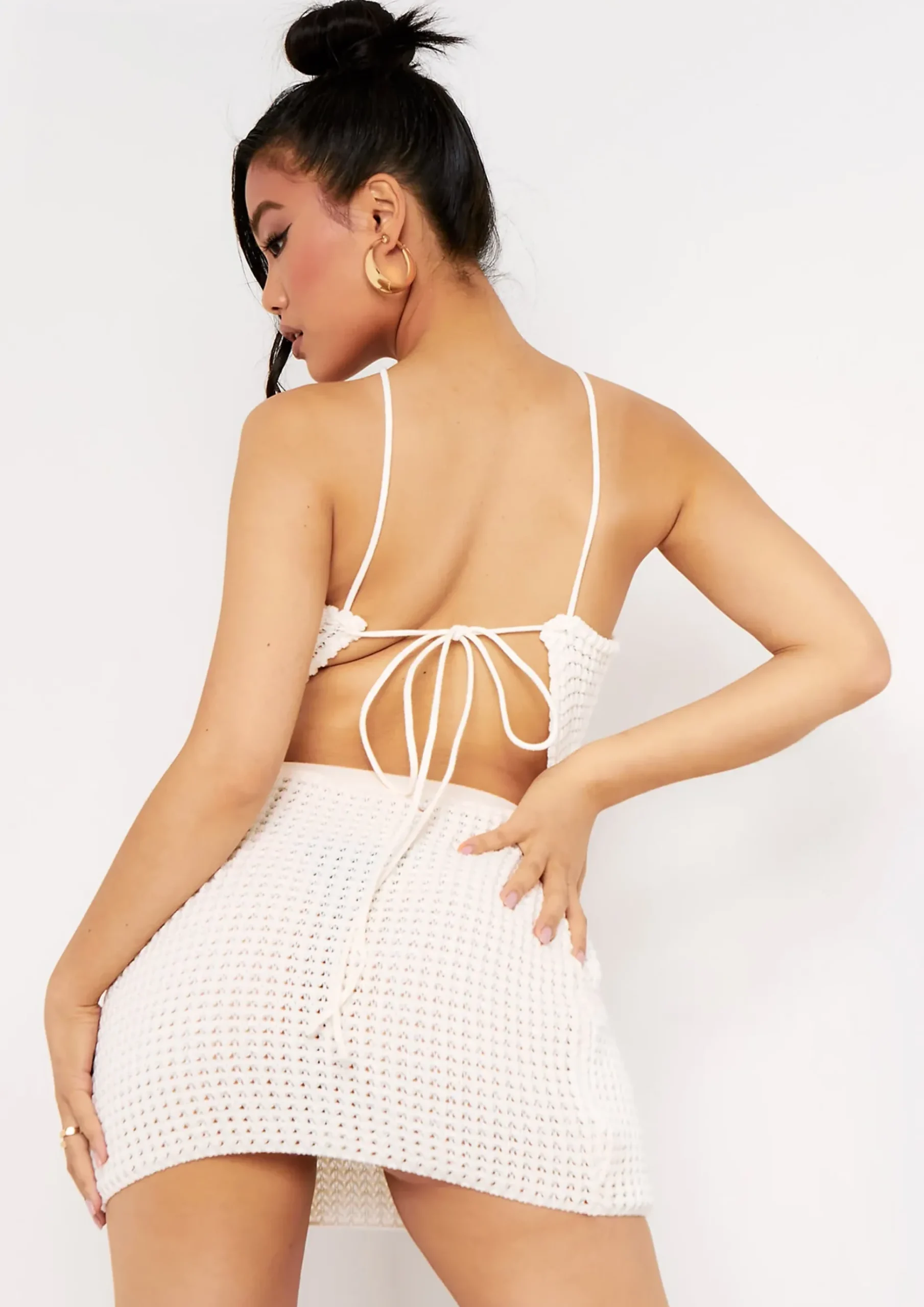 Emma Ivory Tie Back Knitted Pointed Hem Crop Top^Missy Empire Cheap
