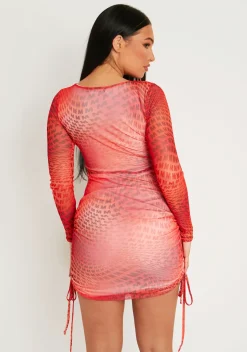 Discount Enola Red Print Long Sleeved Ruched Side Mini Dress Women Dresses