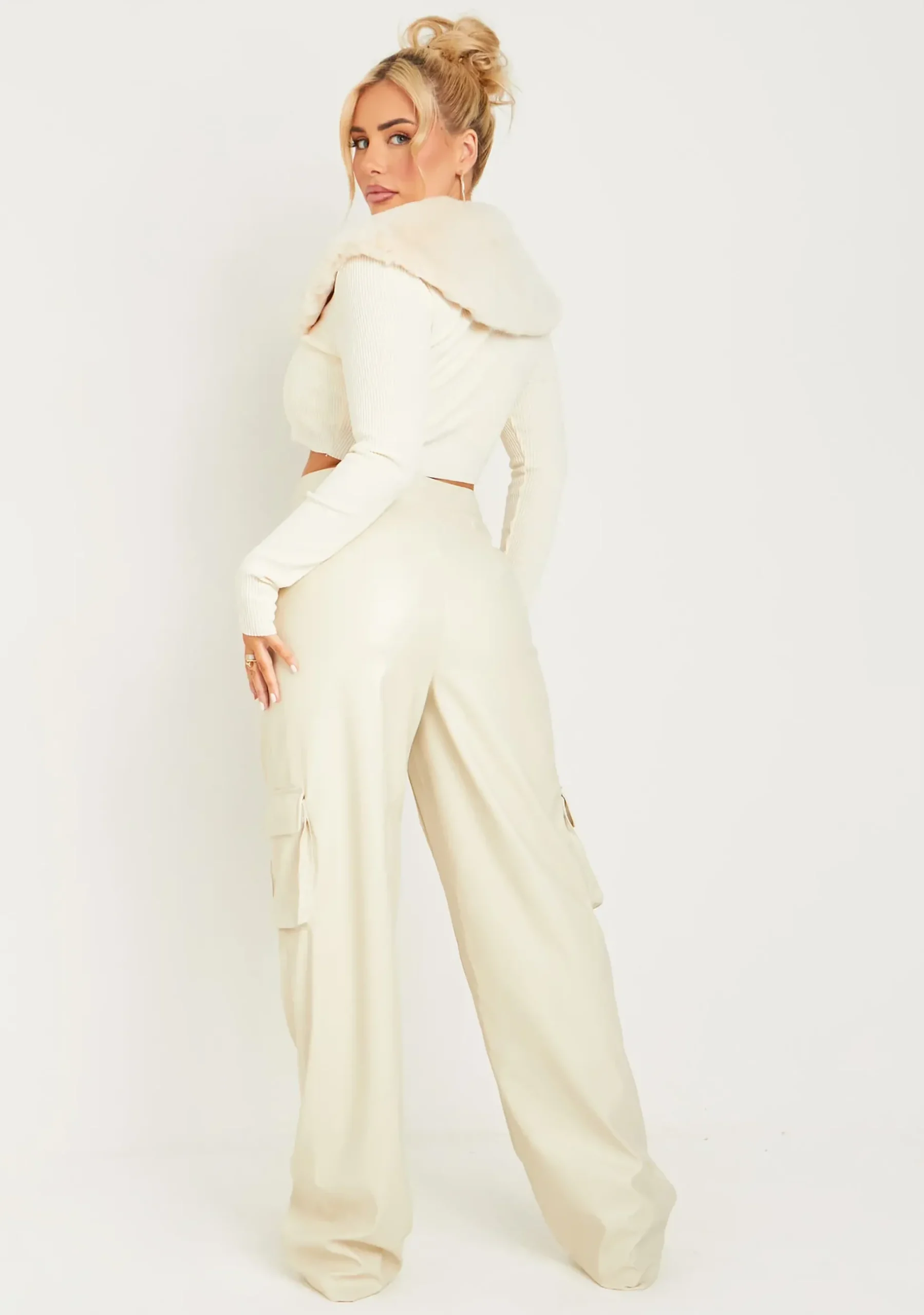 Cheap Enya Cream Pu Wide Leg Cargos Women Trousers