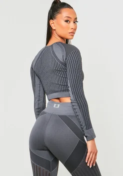 Enya Charcoal Premium Missy Sport Seamless Ladder Detail Long Sleeve Crop Top^Missy Empire Sale