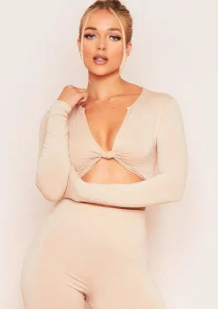 Esme Beige Plunge Knot Crop Top^Missy Empire Online