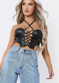 Essie Black Pu Lace Up Halterneck Corset Co-Ord Top^Missy Empire Outlet