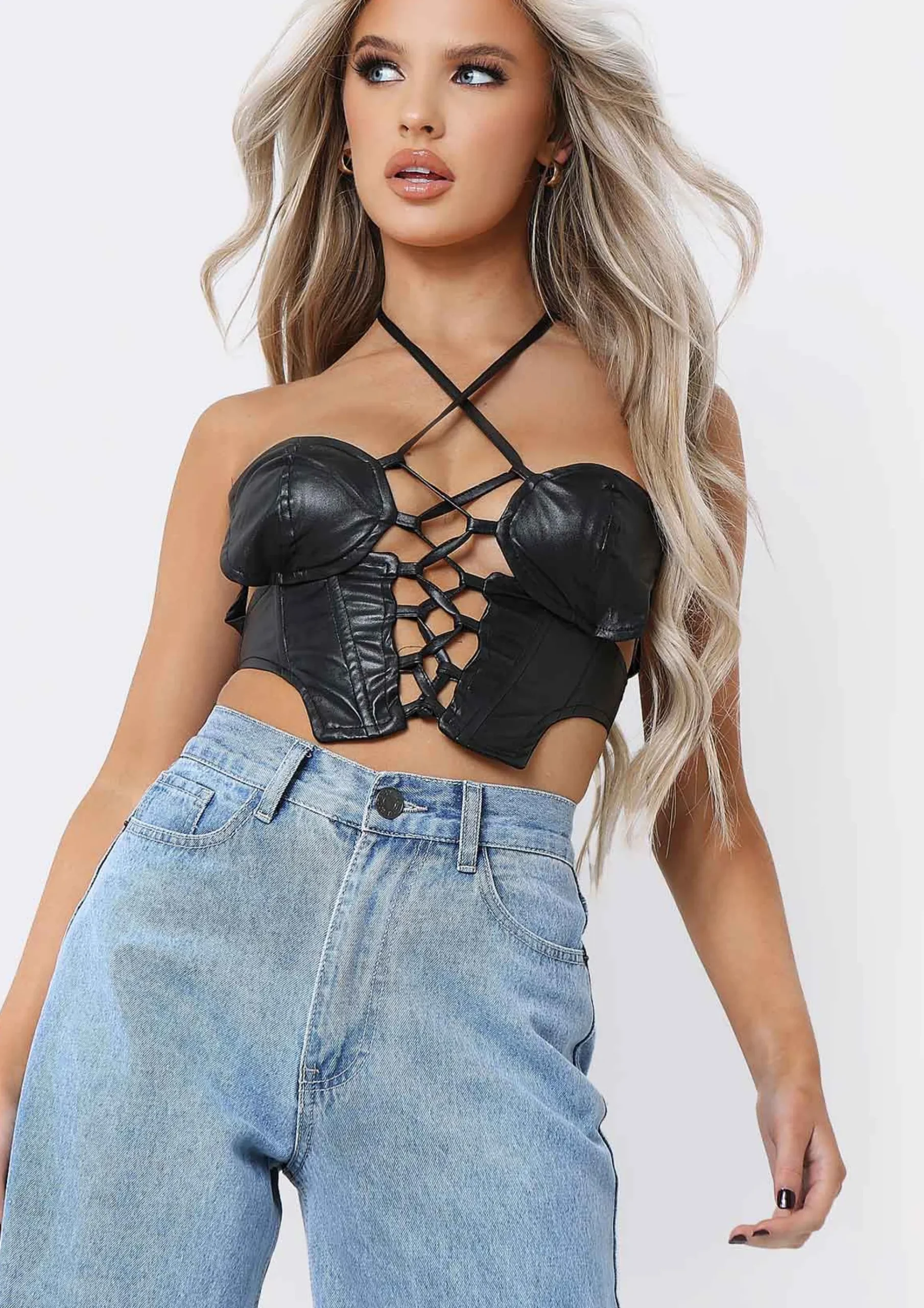 Essie Black Pu Lace Up Halterneck Corset Co-Ord Top^Missy Empire Outlet