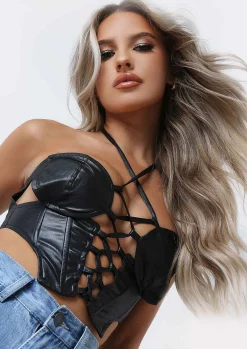 Essie Black Pu Lace Up Halterneck Corset Co-Ord Top^Missy Empire Outlet