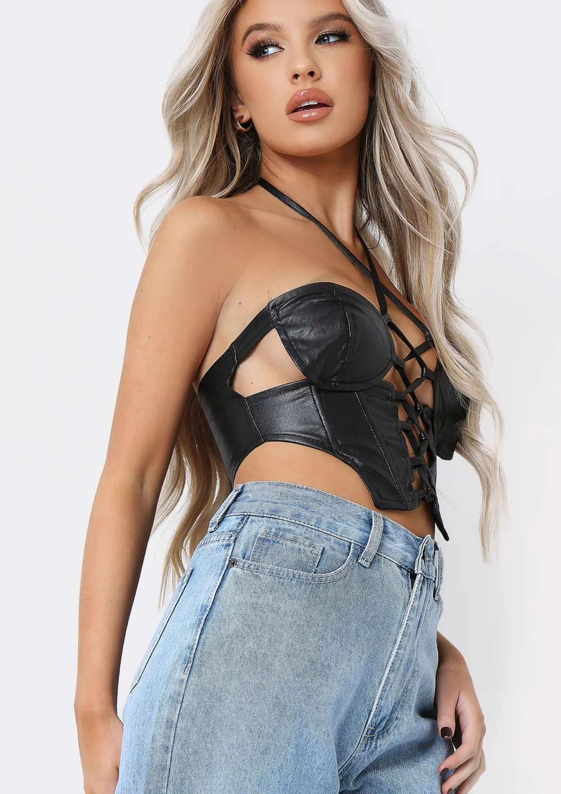 Essie Black Pu Lace Up Halterneck Corset Co-Ord Top^Missy Empire Outlet