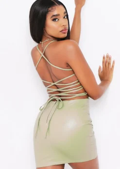 Hot Estella Olive Pu Lace Up Mini Dress Women Dresses