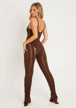 Best Sale Eva Chocolate Laddered Knitted Seam Jumpsuit Women Jumpsuits & Playsuits