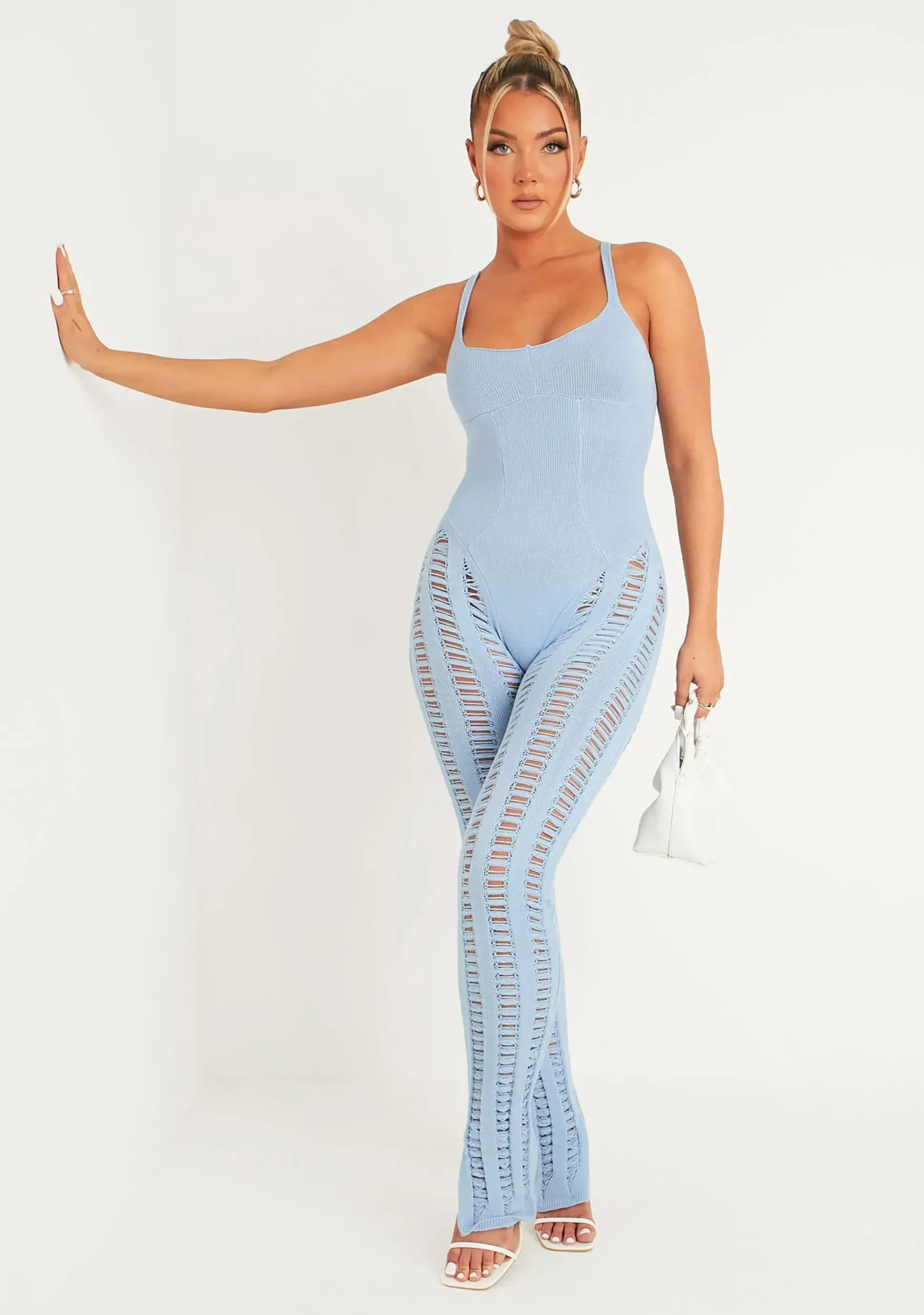 Cheap Eva Pastel Blue Laddered Knitted Seam Jumpsuit Women Jumpsuits & Playsuits