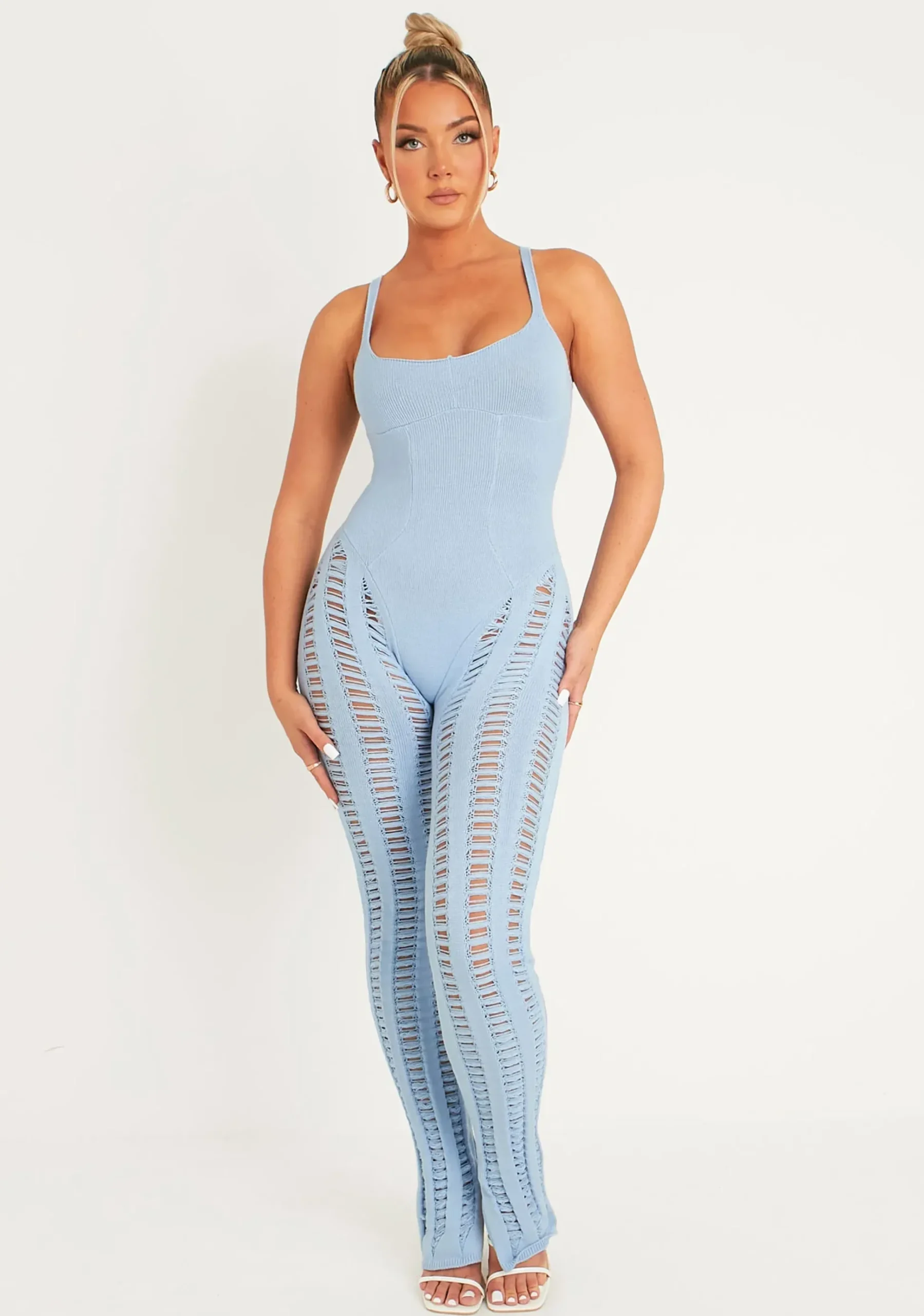 Cheap Eva Pastel Blue Laddered Knitted Seam Jumpsuit Women Jumpsuits & Playsuits