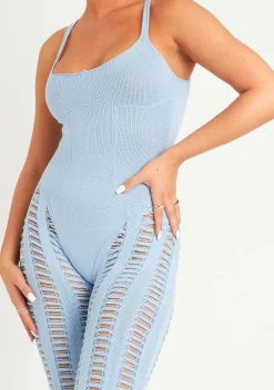 Cheap Eva Pastel Blue Laddered Knitted Seam Jumpsuit Women Jumpsuits & Playsuits