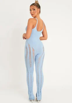 Cheap Eva Pastel Blue Laddered Knitted Seam Jumpsuit Women Jumpsuits & Playsuits