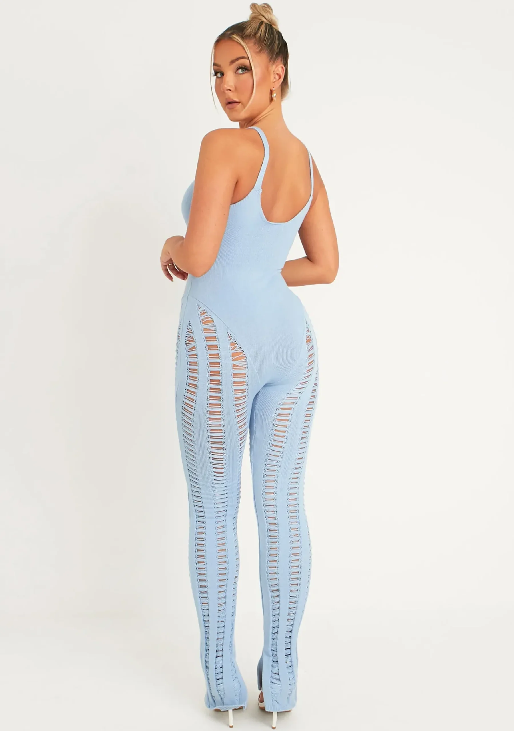 Cheap Eva Pastel Blue Laddered Knitted Seam Jumpsuit Women Jumpsuits & Playsuits