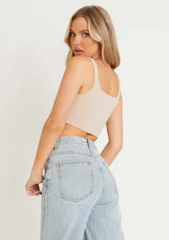 Evelyn Sand Slinky Square Neck Extreme Crop Top^Missy Empire Store