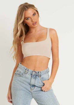 Evelyn Sand Slinky Square Neck Extreme Crop Top^Missy Empire Best