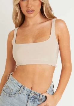 Evelyn Sand Slinky Square Neck Extreme Crop Top^Missy Empire Best