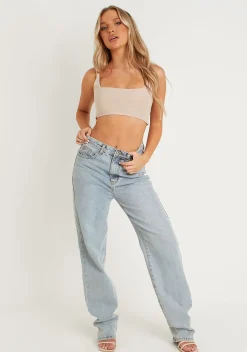 Evelyn Sand Slinky Square Neck Extreme Crop Top^Missy Empire Best