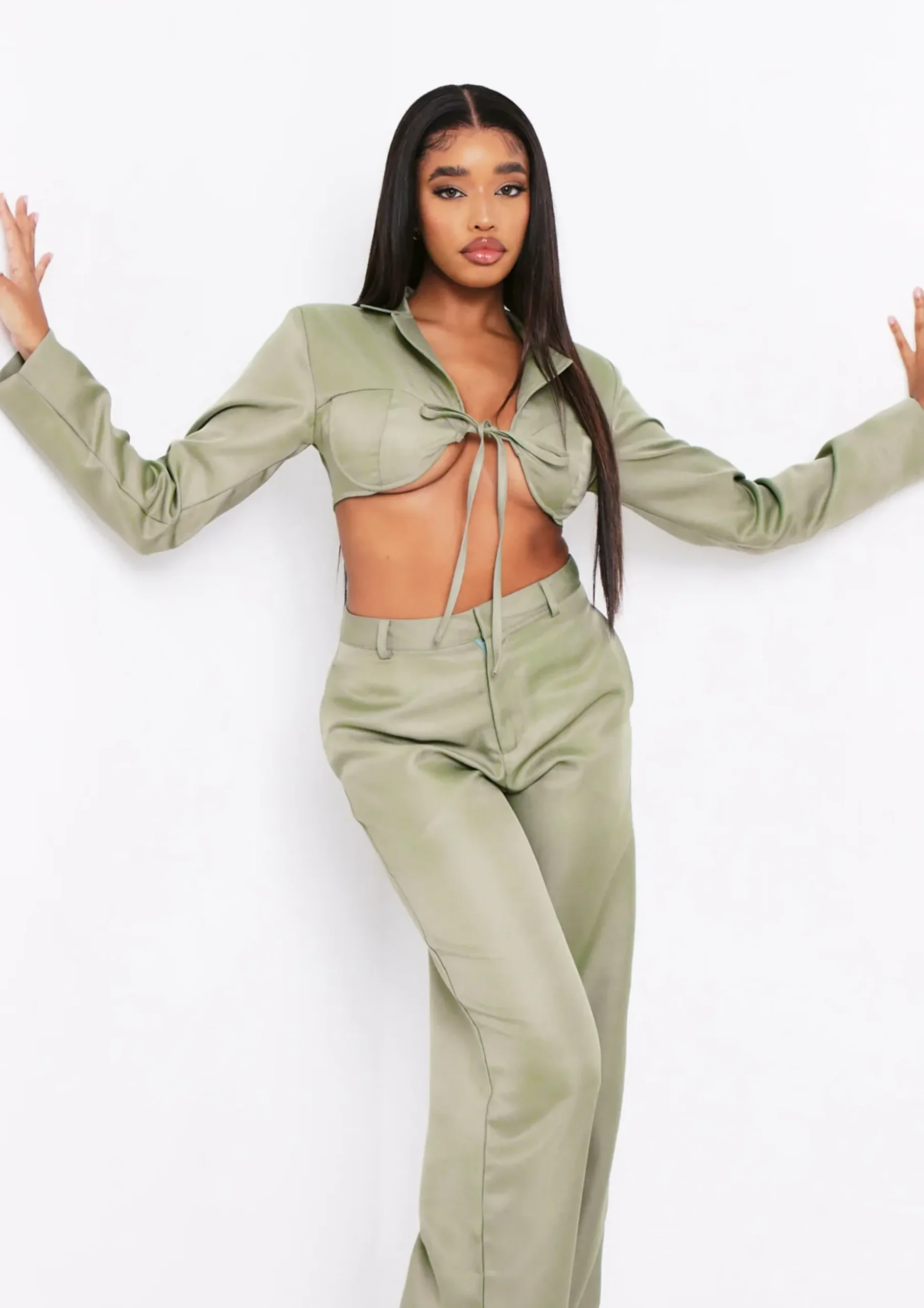 Everly Khaki Tie Front Bust Detail Cropped Blazer Co-Ord^Missy Empire Store