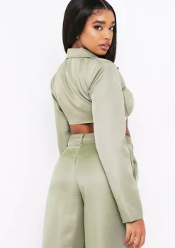 Everly Khaki Tie Front Bust Detail Cropped Blazer Co-Ord^Missy Empire Store