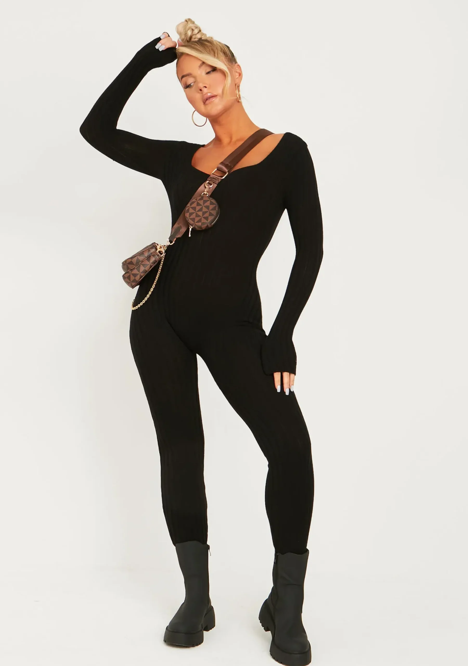 Discount Evie Black Knitted Long Sleeve Ribbed Jumpsuit Women Jumpsuits & Playsuits