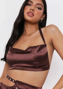 Fabiana Chocolate Halterneck Satin Metal Strap Top^Missy Empire Discount