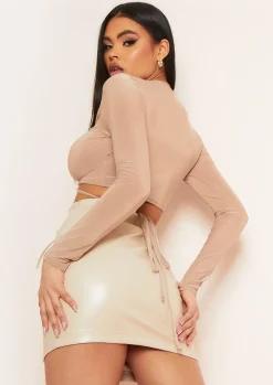 Faith Beige Slinky Ruched Front Tie Waist Crop Top^Missy Empire Best Sale