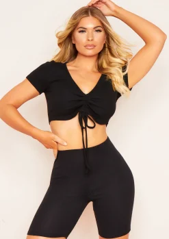 Faith Black Ruched Tie Ribbed Crop Top^Missy Empire Best
