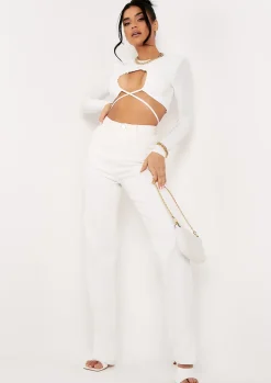 Faith Ivory Slinky Ruched Front Tie Waist Crop Top^Missy Empire Best