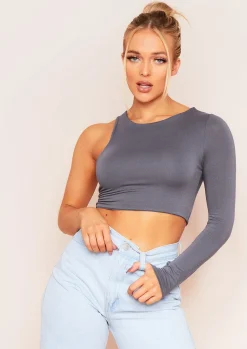 Farah Slate Grey Double Thickness One Sleeve Racer Crop Top^Missy Empire Cheap