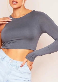 Farah Slate Grey Double Thickness One Sleeve Racer Crop Top^Missy Empire Cheap