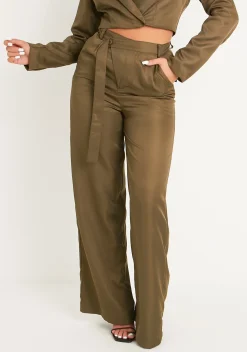 Cheap Farrah Khaki Tailored Belted Trousers Women Trousers