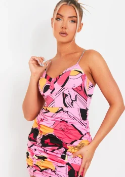 Outlet Fatima Pink Abstract Printed Ruched Chain Strap Mini Dress Women Dresses