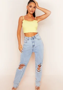 Faye Lemon Yellow Frill Hem Ribbed Crop Top^Missy Empire Outlet