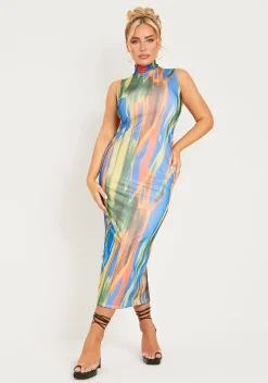 Outlet Fay Multi Print Mesh Overlay Midi Dress Women Dresses
