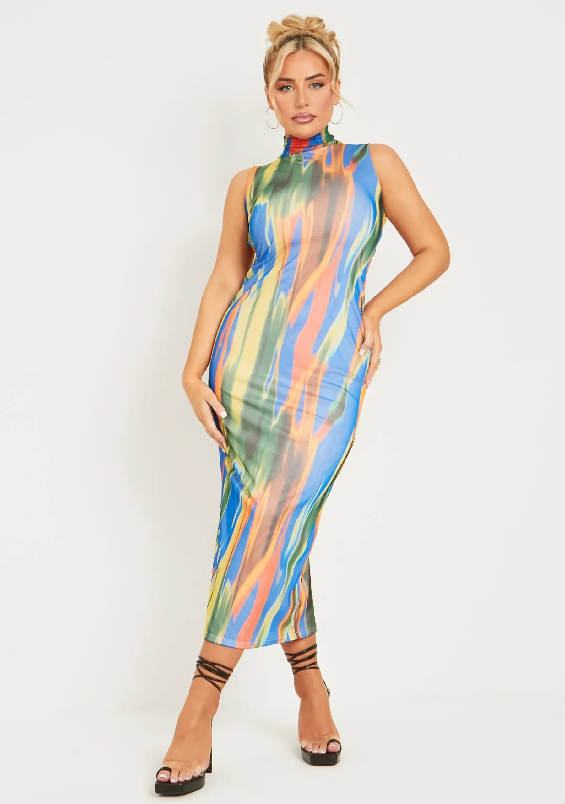 Outlet Fay Multi Print Mesh Overlay Midi Dress Women Dresses