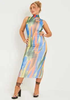 Outlet Fay Multi Print Mesh Overlay Midi Dress Women Dresses
