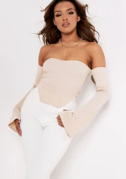 Finley Stone Bardot Thick Rib Corset Dipped Hem Crop Top^Missy Empire Hot
