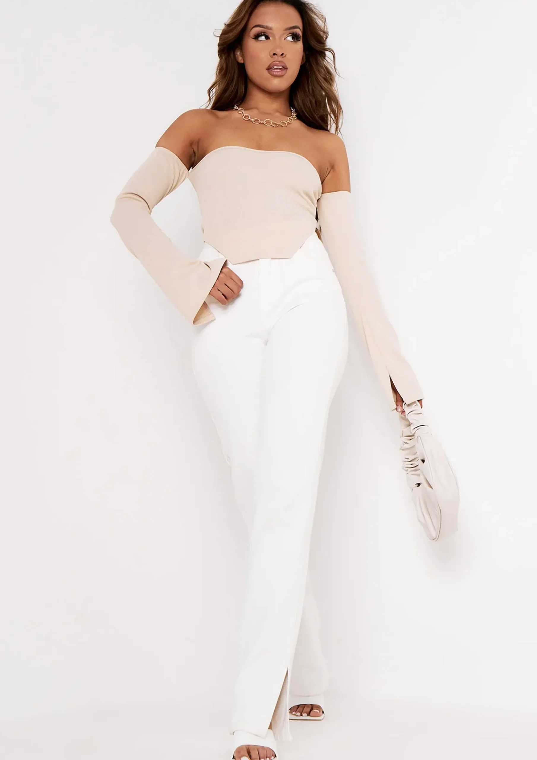 Finley Stone Bardot Thick Rib Corset Dipped Hem Crop Top^Missy Empire Hot